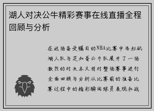 湖人对决公牛精彩赛事在线直播全程回顾与分析